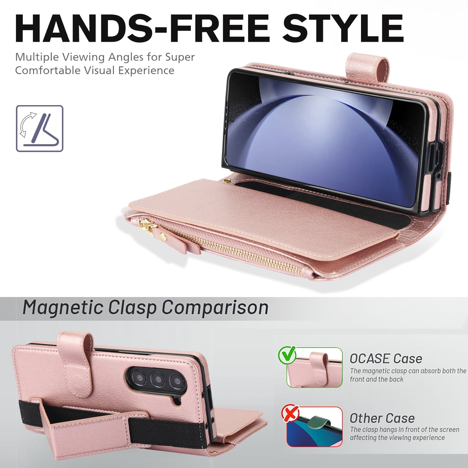 Allytechgroup for Samsung Galaxy Z Fold 7 Case Wallet, 7 Cards Slots Cash Zipper Pocket S Pen Holder Hand Strap Wrist Flip Cover Protective Phone Case for Samsung Galaxy Z Fold 7,Rosegold