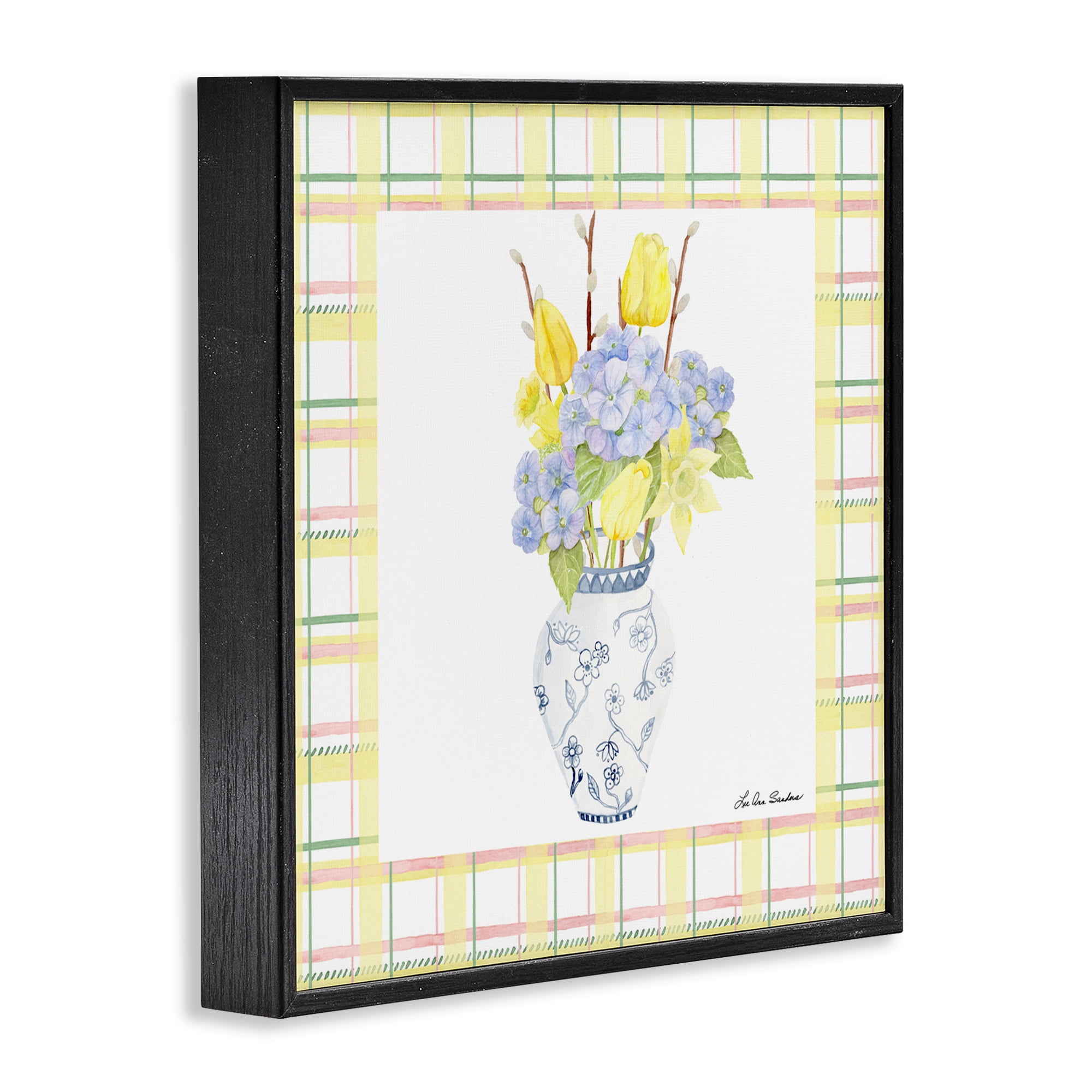 Spring Vase on Yellow Plaid Black Framed Giclee Art, design by Lee Ann Sanders