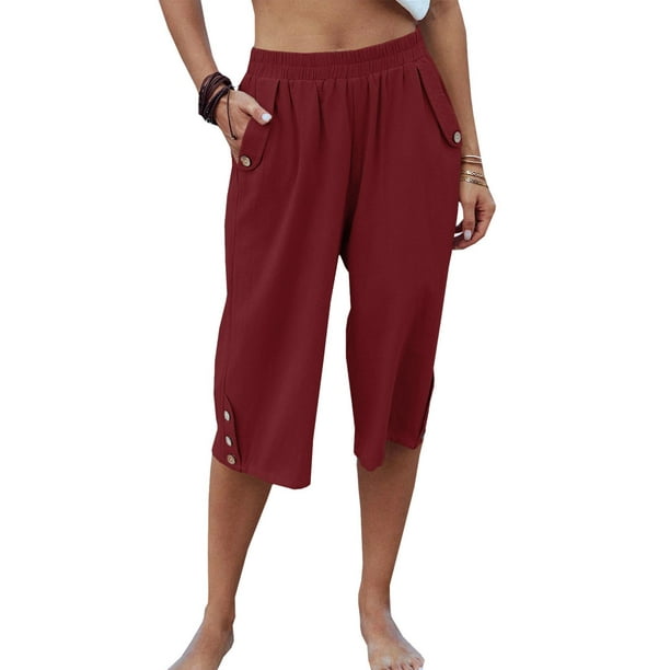 Dellytop Womens Casual Elastic Waist Solid Color 3/4 Summer Capri Pants ...