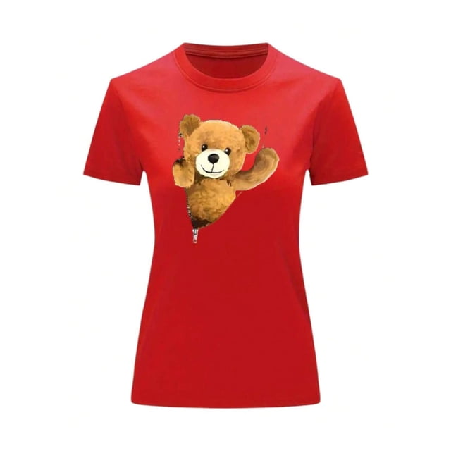 Playera Blusa De Oso De Peluche Saliendo Del Cierre Ropa Para Mujer Casual Color Rojo Talla Chica Marca Emil SaEs