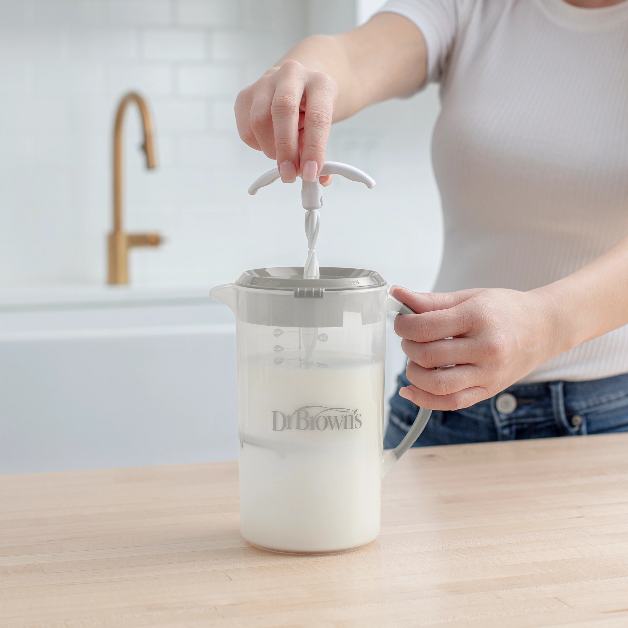 Dr. Brown's Baby Formula Mixing Pitcher with Adjustable Stopper, Locking Lid & No Drip Spout, Gray, BPA-Free, 36 oz