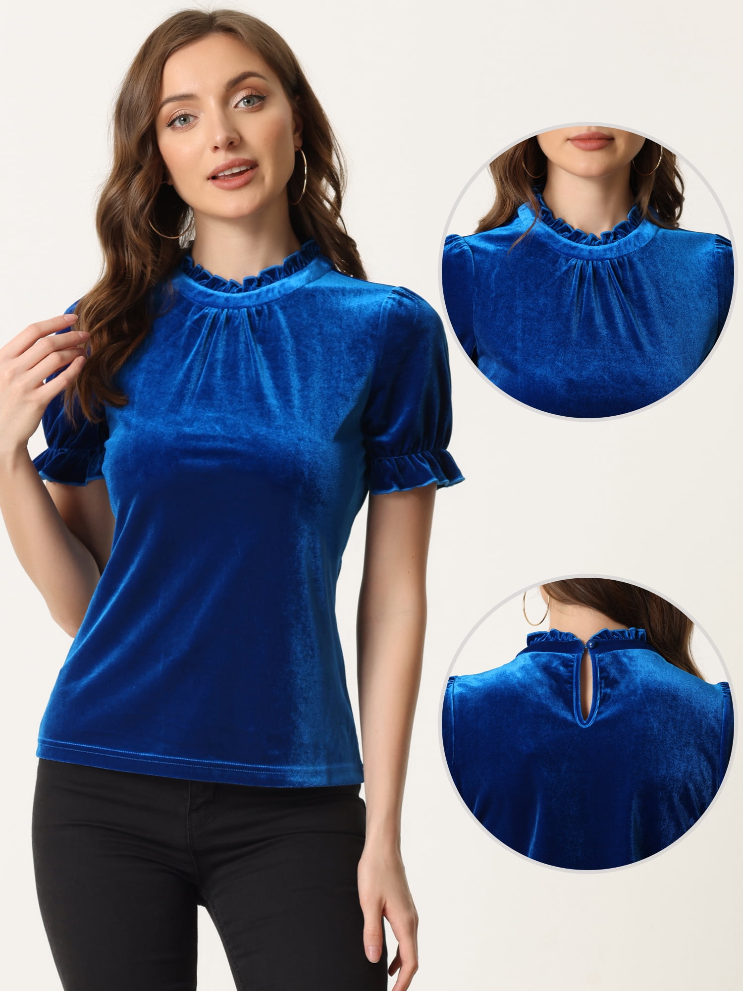 DARING DIVA Women's Ruffle Collar Shirt Velvet Tops Blouse XS Royal Blue