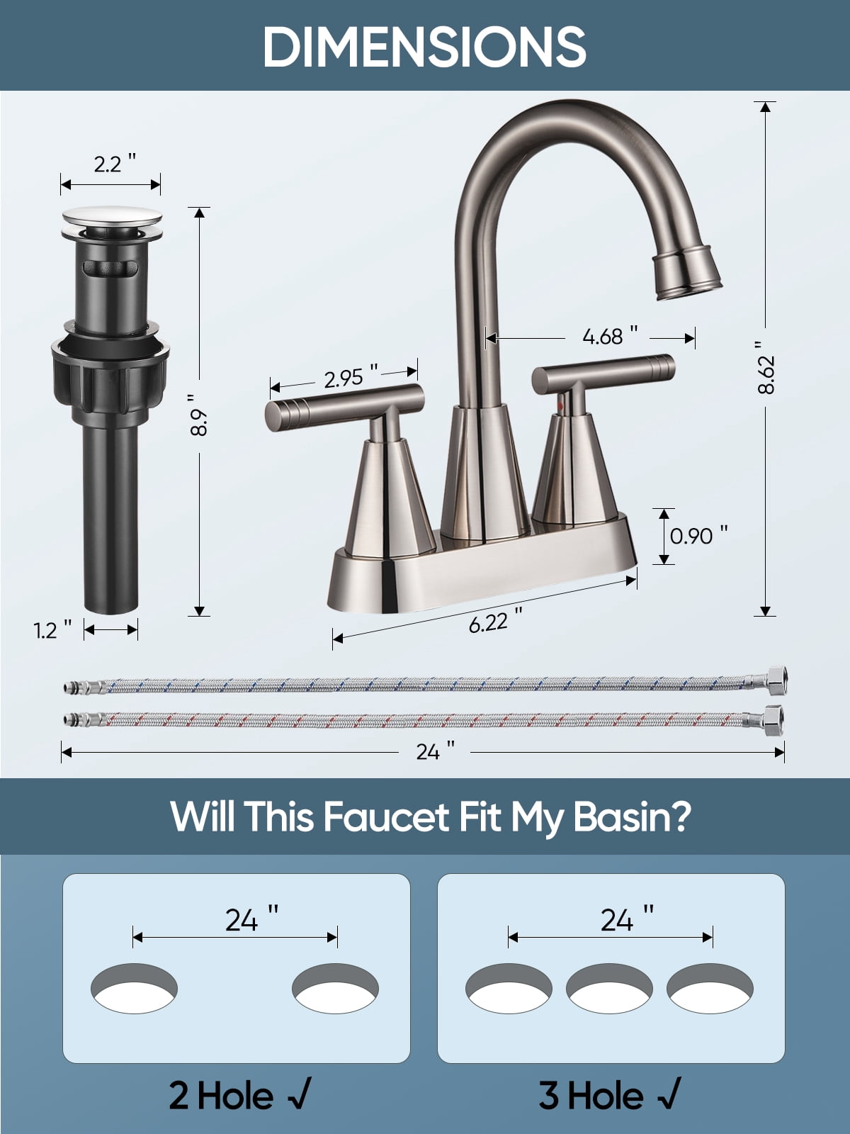 4-inch Bathroom Faucet with Pop up Drain and Two Supply Hoses, Lead-Free Stainless Steel 2-Handle Centerset Faucet for Vanity, RV Brushed Nickel