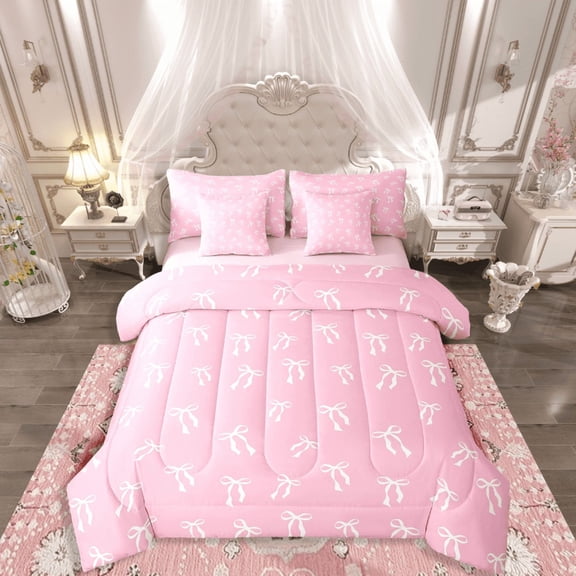 Castle Fairy Cartoon Bow Tie 7-Piece Twin Bedding Sets,Bowknot Bow Bedding Comforter Set,Dreamy Princess Breathable Sheet Sets,Super Cozy Cute Room Decor