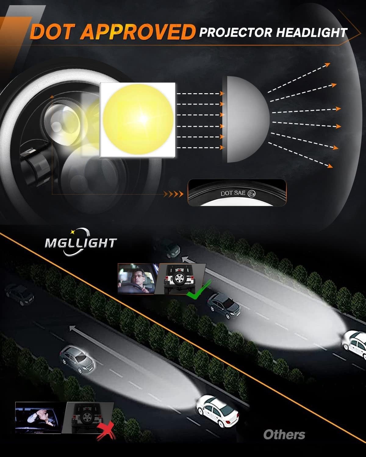 CO LIGHT 1PC DOT 7 Inch LED Headlight Motorcycle Blue Halo High/Low Beam, Motorcycle LED Headlight Projector Angel Eyes Light JK LJ CJ Headlamp Replacement
