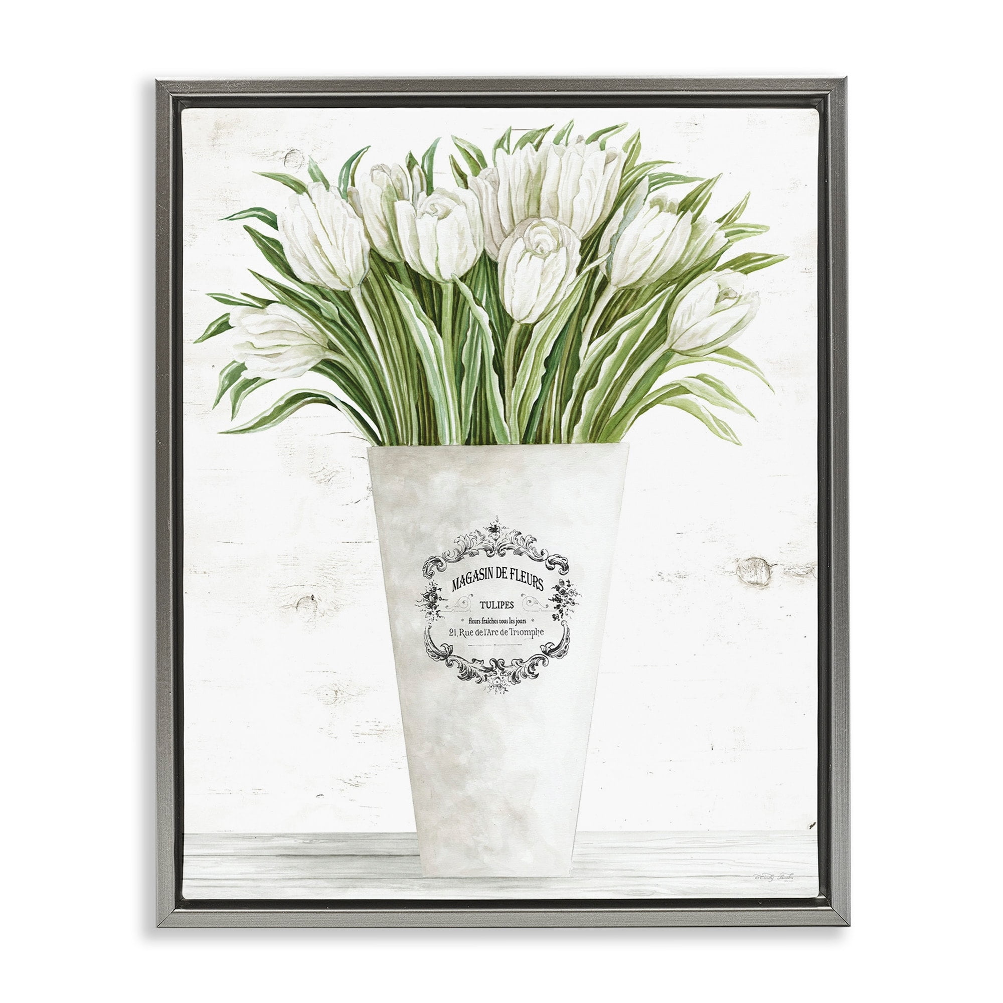 Stupell Industries White Tulip Bouquet in Parisian Vase Floral Arrangement Luster Gray Framed Floating Canvas Wall Art, 16x20, by Cindy Jacobs