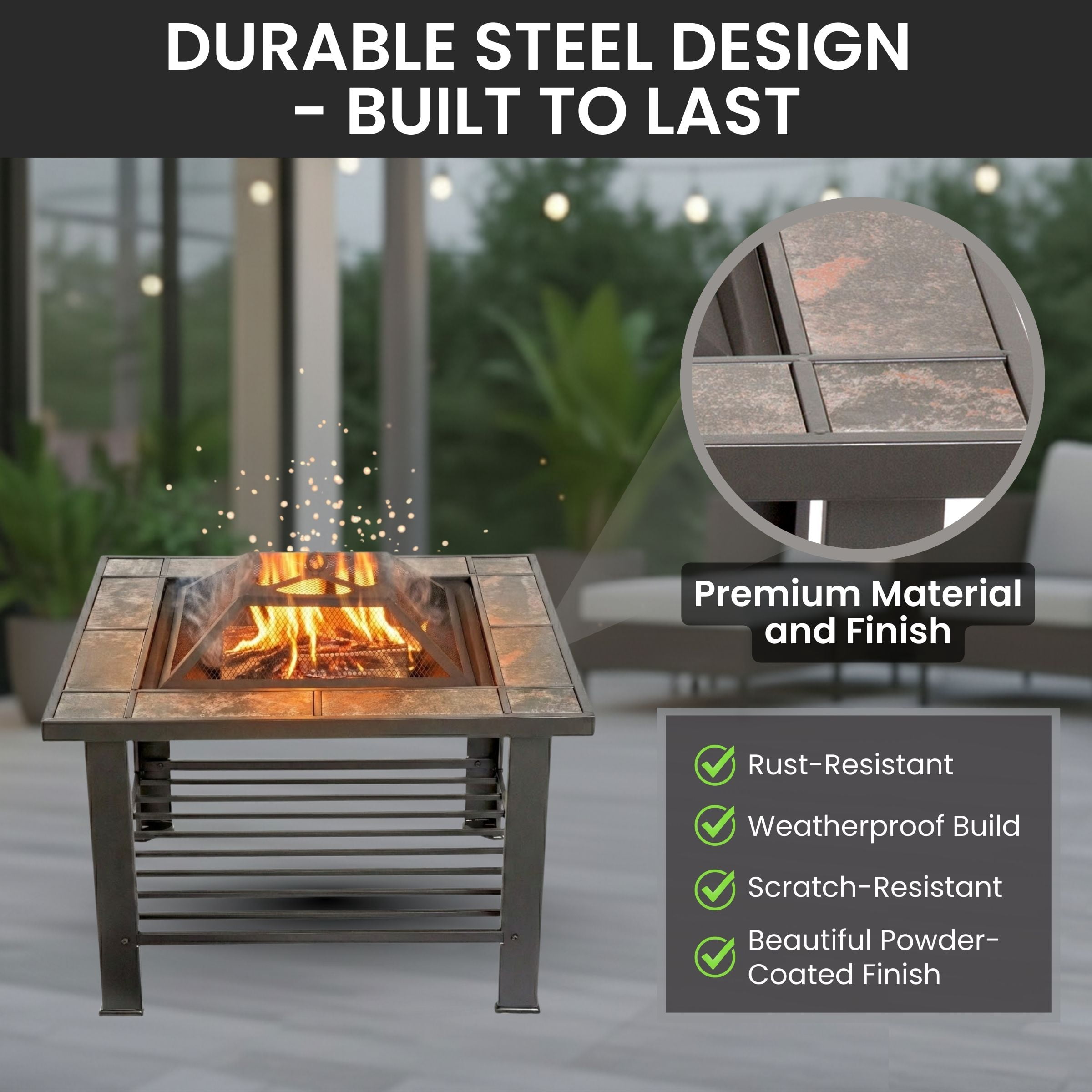 Fire Pit Set, Wood Burning Pit - Includes Screen, Cover and Log Poker - Great for Outdoor and Patio, 30 inch Square Marble Tile Firepit by Pure Garden