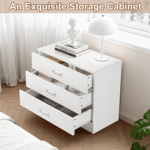 COTINSE 3-Drawer Dresser, White Nightstand Bedside Table, Wide Storage Cabinet with Drawers for Bedroom, Living Room, Home Office