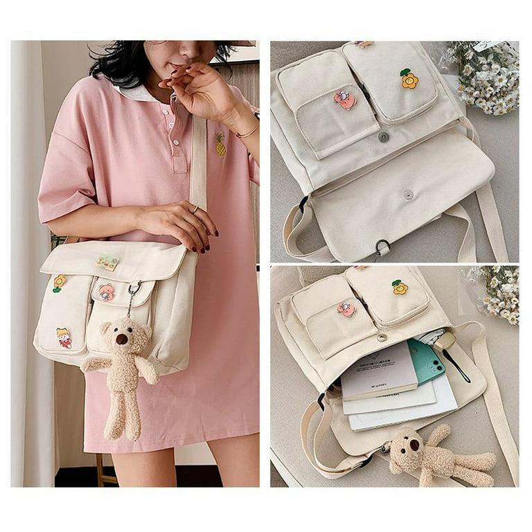 Kawaii Crossbody Purse Messenger Bags for Women Nylon Shoulder Bag with  Kawaii Pendent Aesthetic Backpack Casual Tote Bag