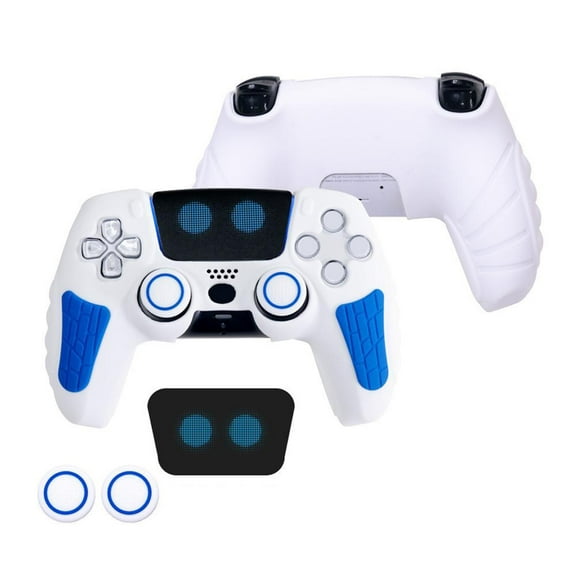 Compatible with PS5 Controller Silicone Handle Cover with Touchpad Sticker Anti-Slip Sweat-Proof Protective Grip-White Blue