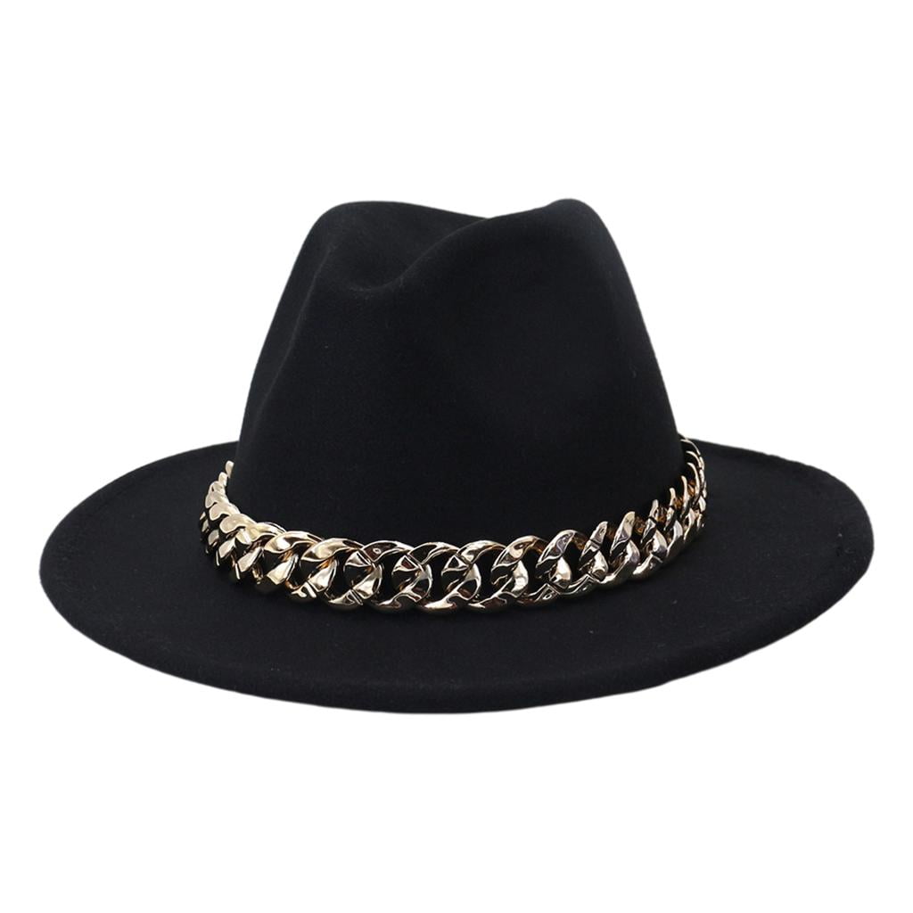 Elegant Felt Wide Brim Fedora Hat with Gold Chain 