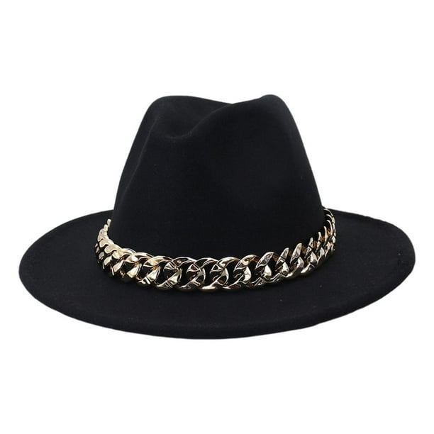 Yinanstore Elegant Wide Brim Fedora Hat with Chain Wide Brim Panama Thick  Trilby Simple Fashionable for Women Mens Winter Outdoors - Black 