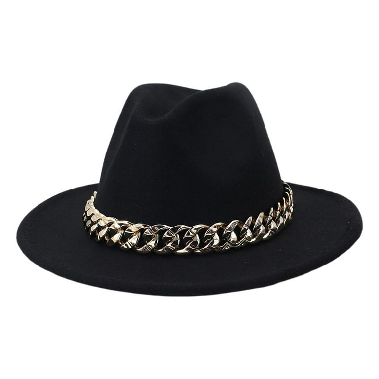 Elegant Wide Brim Fedora Hat with Gold Chain Wide Brim Size Fashionable  Black