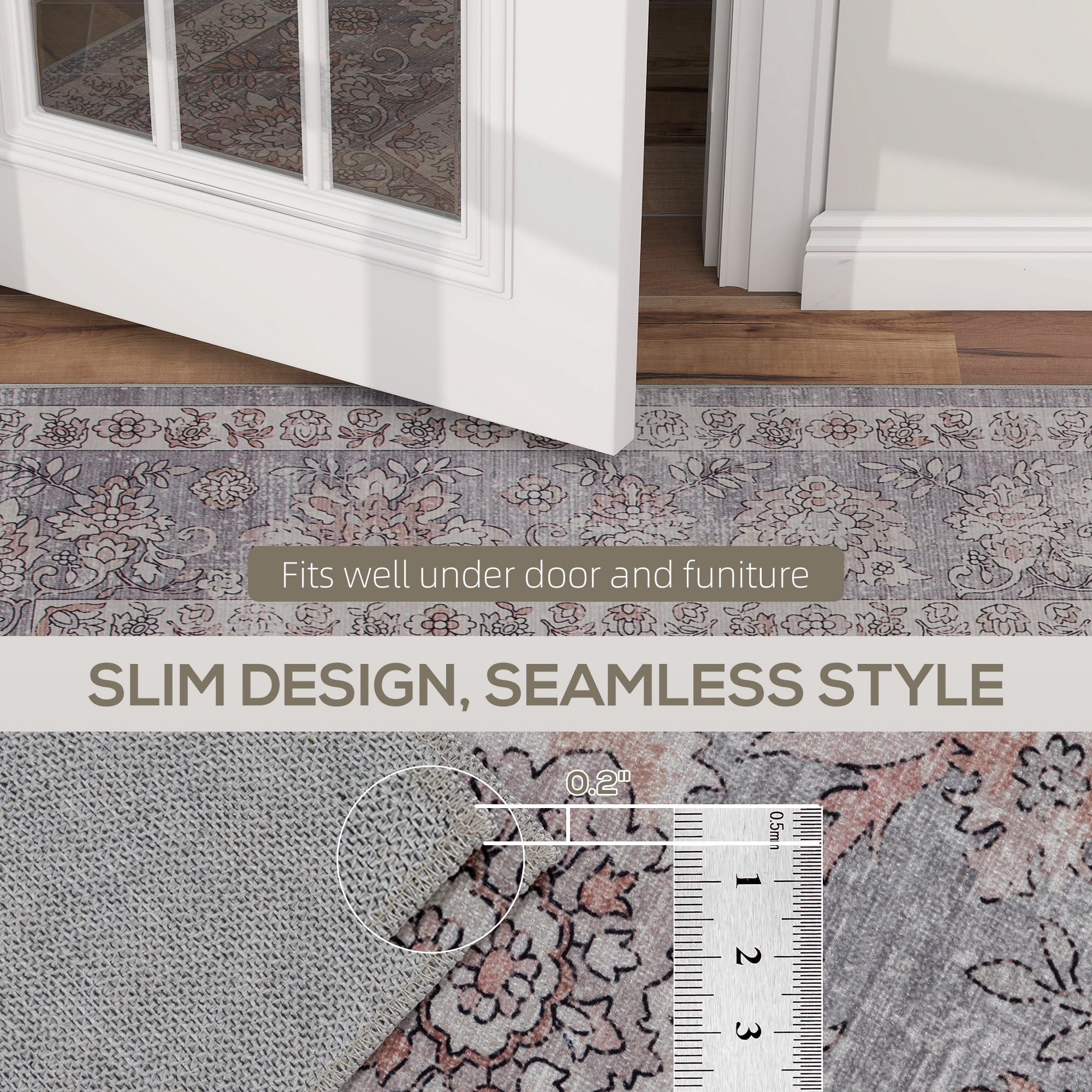 HOMCOM Machine Washable Area Rug 8x10, Non-Slip Traditional Flower Print Floor Carpet for Living Room, Bedroom, Dining Room, Grey and Brown