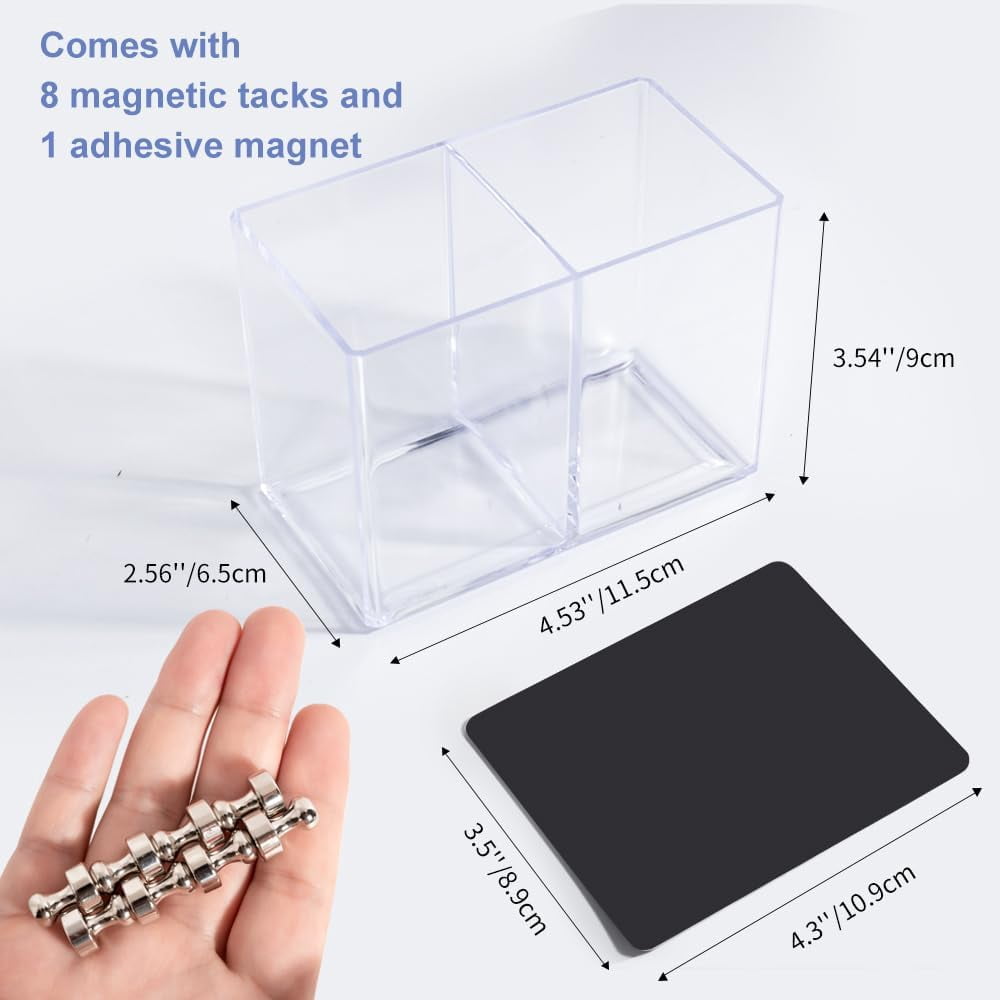 Magnetic Pen Holder with 8 Magnetic Push Pins, Clear Magnetic Dry Erase Marker Holder, Locker Accessories, Large Capacity Pencil Holder for Whiteboard, Fridge, Office & Classroom Supplies