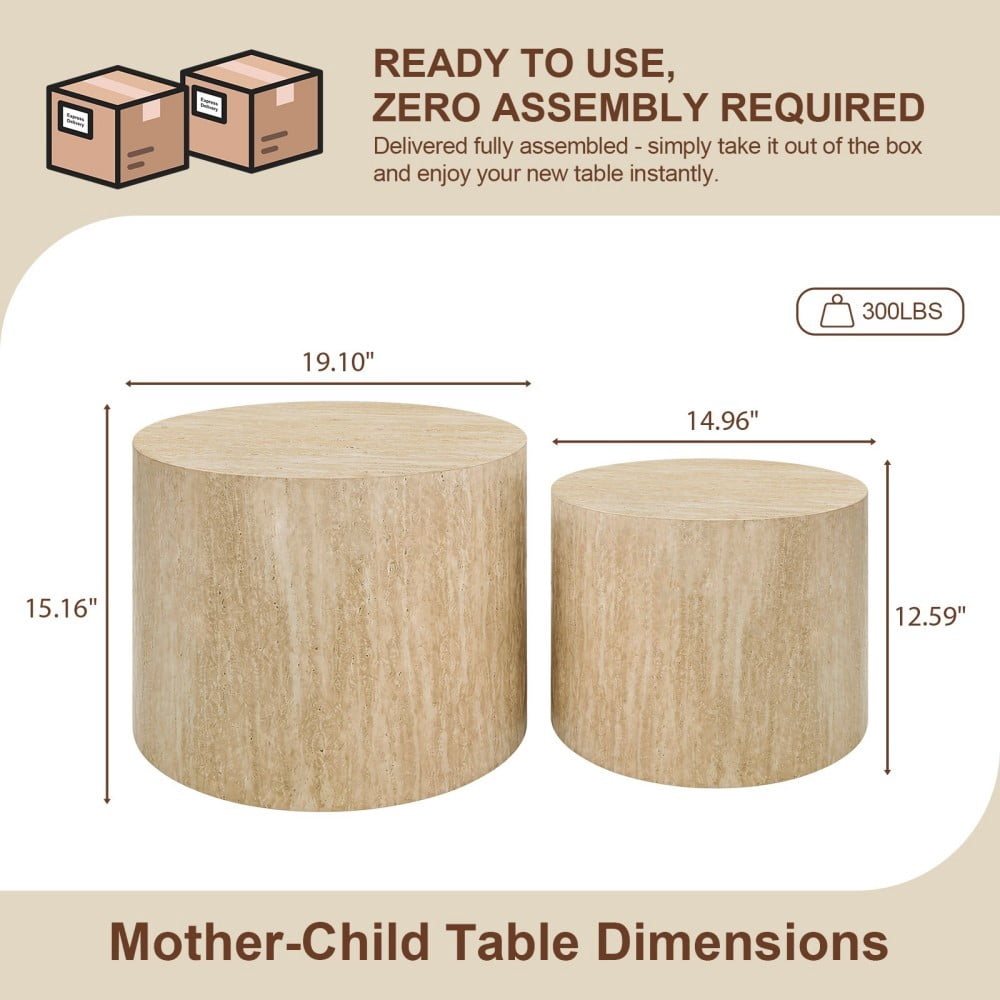 Nesting Coffee Table Set of 2, Modern Round Wood Side Tables with Non-Slip Feet, Small End Tables for Living Room, Bedroom, Office, Balcony, Small Spaces, Beige Gray