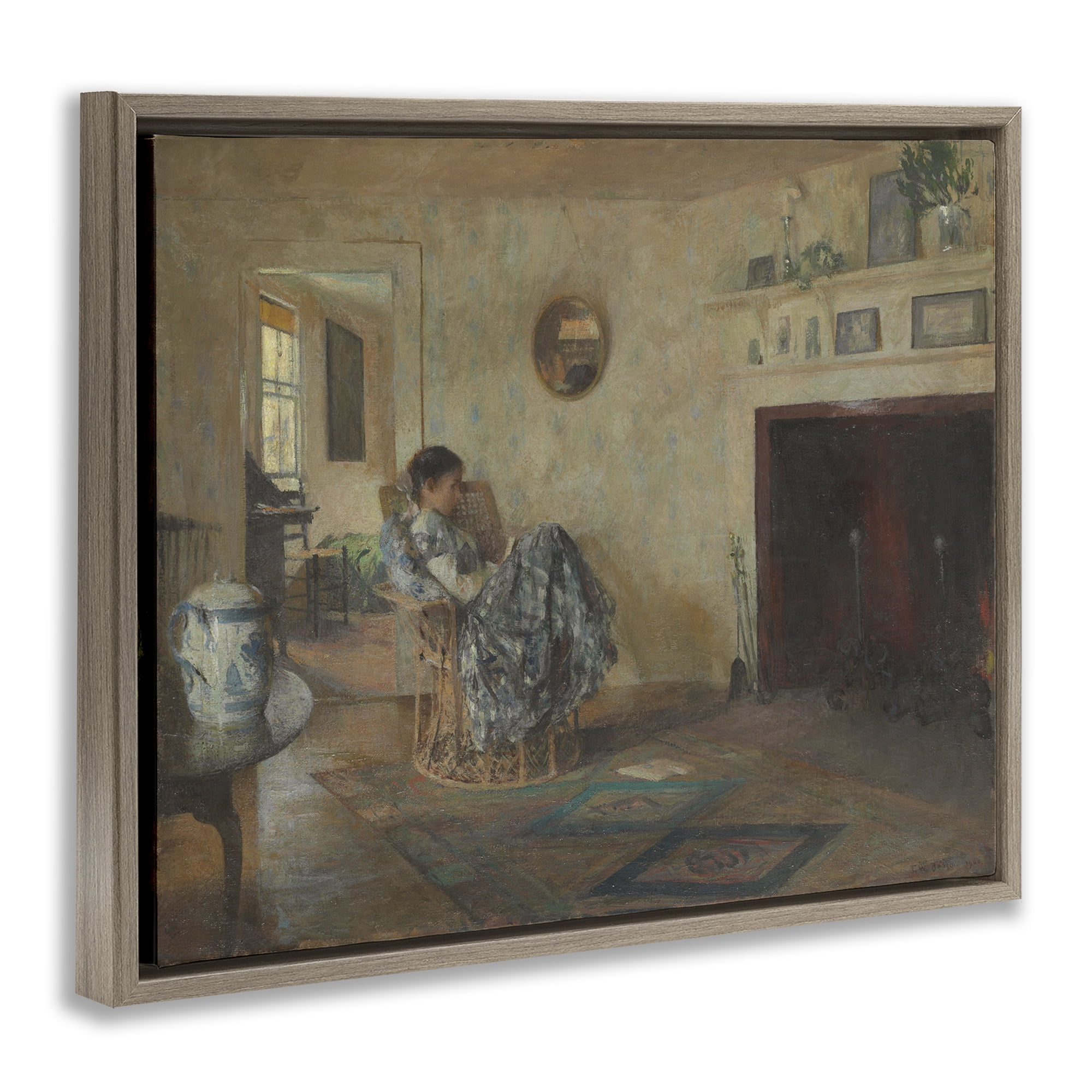 Stupell Industries Classical Rainy Day Girl People Painting Brown Floater Framed Canvas Art Print Wall Art, 31 x 25
