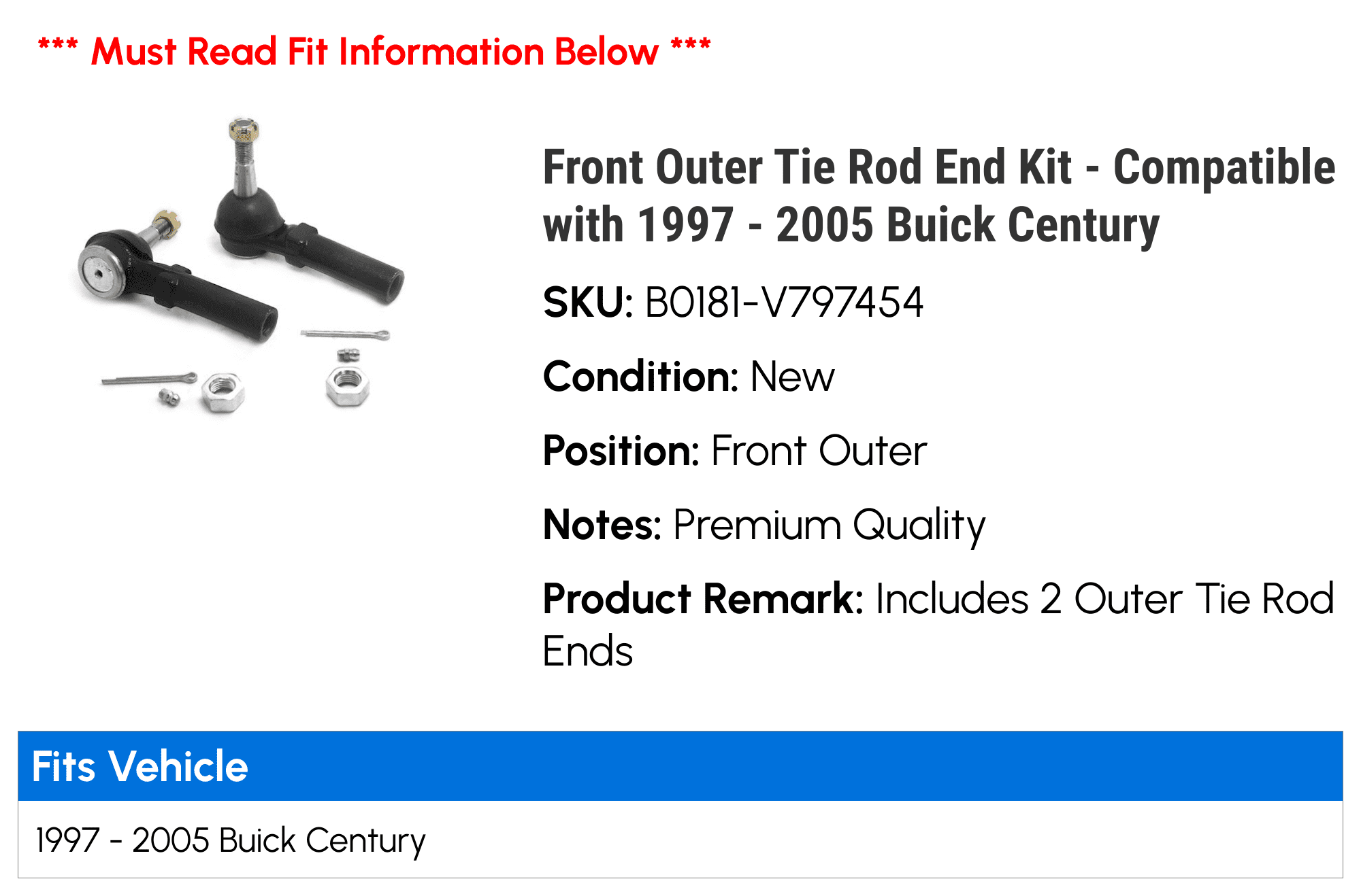 Front Outer Tie Rod End Kit - Compatible with 1997 - 2005 Buick Century 1998 1999 2000 2001 2002 2003 2004