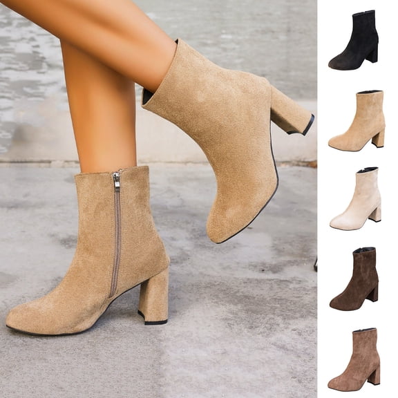 LEAVINGSUO Women's Ankle Boots Women's Shoes Suede Thick Heel Solid Barrel High-Heel Winter Boots Black 36