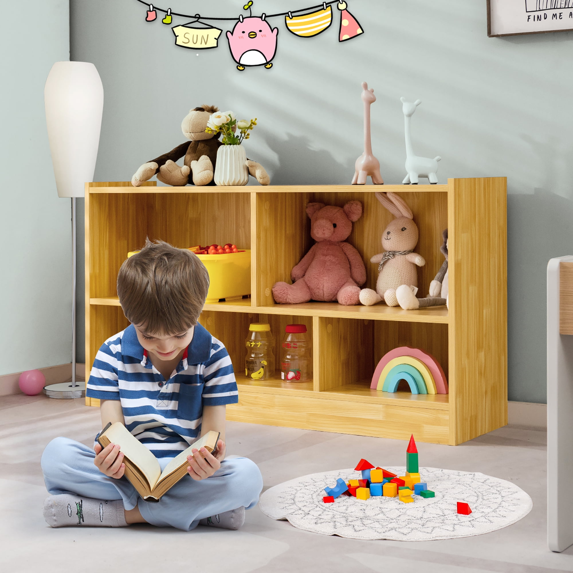 Costway Kids 2-shelf Bookcase 5-cube Wood Toy Storage Cabinet Organizer :  Target