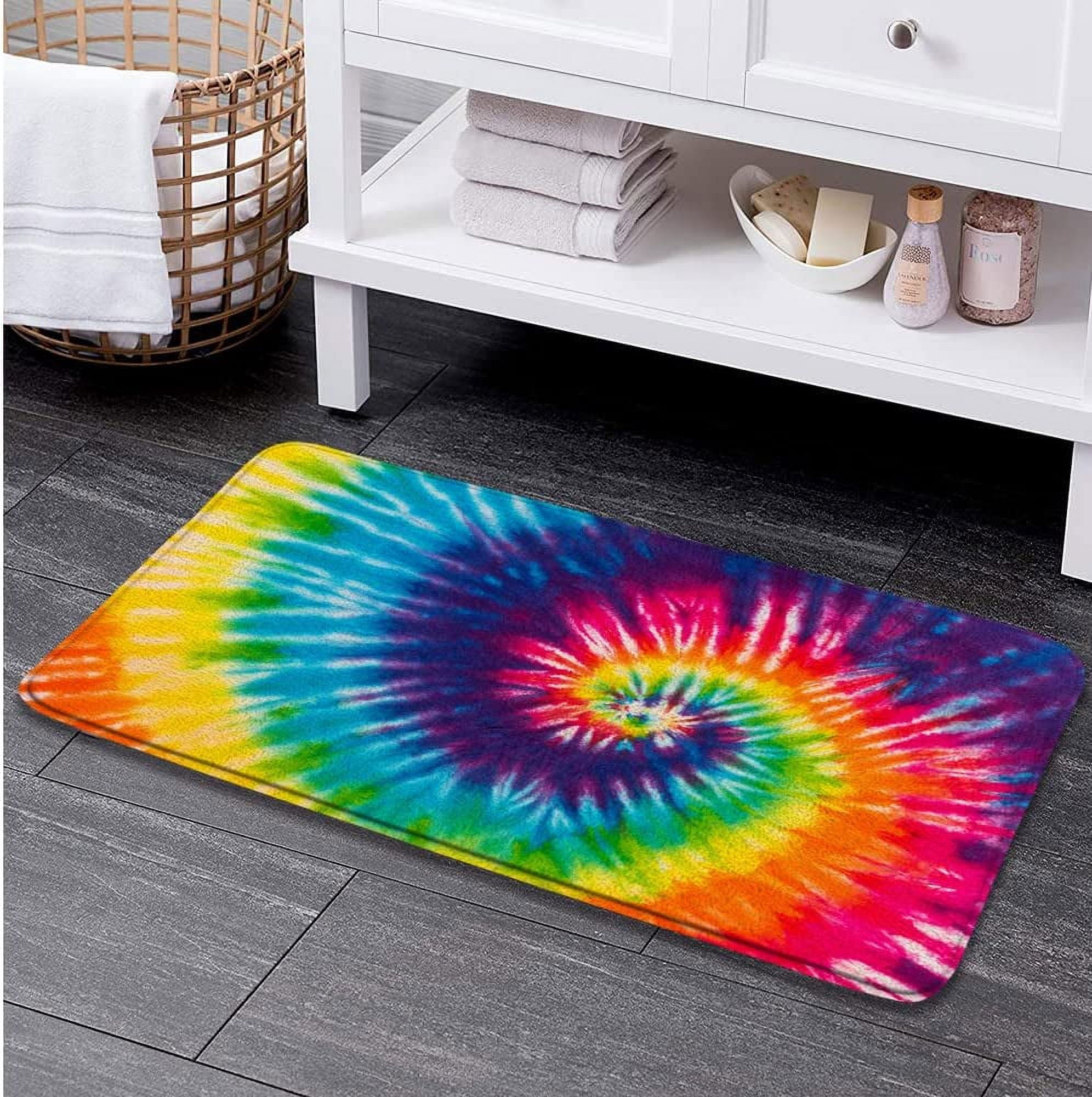Rainbow Tie Dye Bath Mats for Bathroom Psychedelic Colorful Boho Vintage Mandala Abstract Geometric Hippie Watercolor Memory Foam Flannel Bath Floor Rugs for Kitchen Bathtub Laundry 23.6 x 15.7 Inch