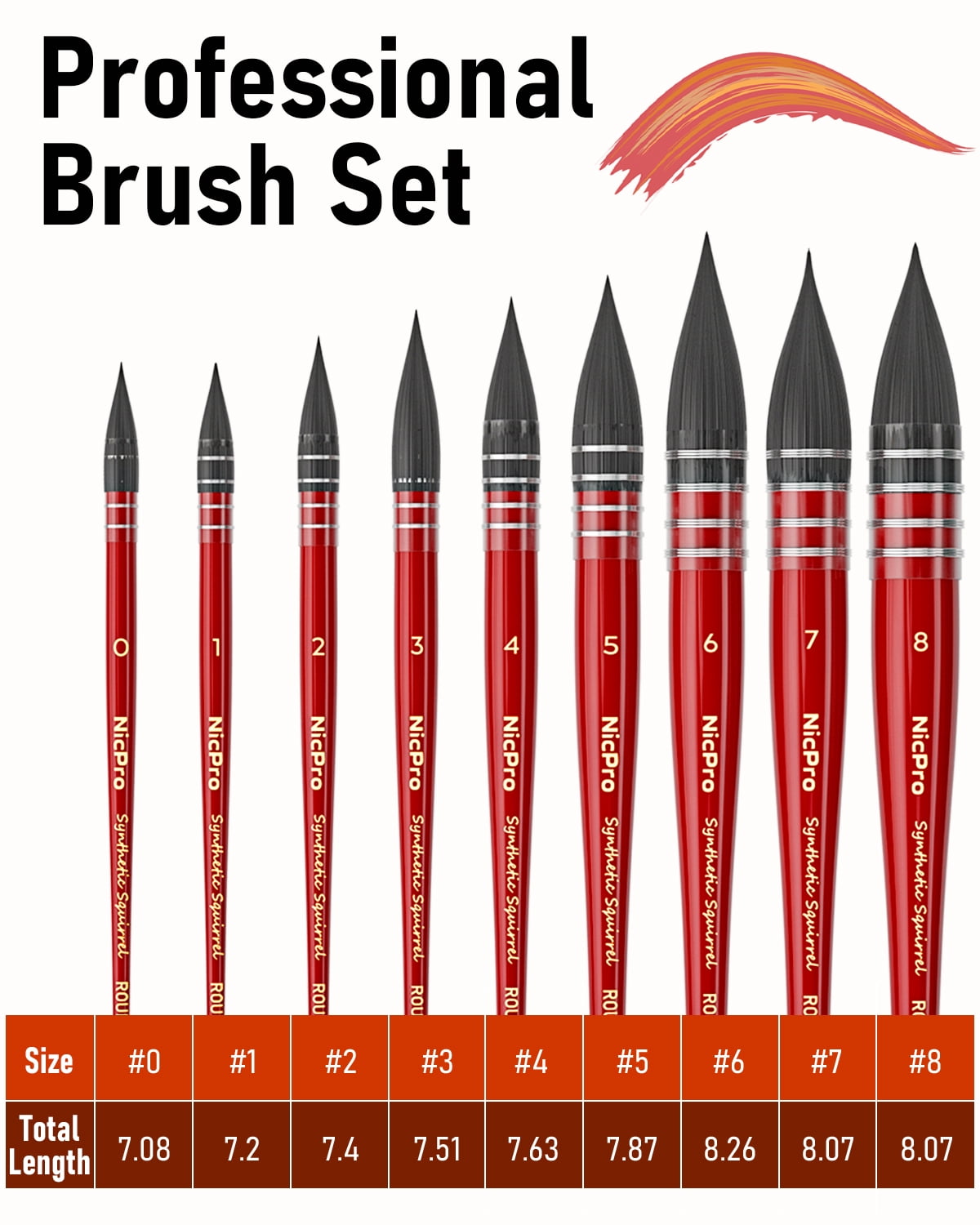 Nicpro Professional Watercolor Paint Brushes with Nylon Bag, 9PCS Mop Round Fine Tip Detail Paintbrush, Synthetic Squirrel Hair, Art Supplies Watercolor Set for Painting, Gouache, Oil - Red