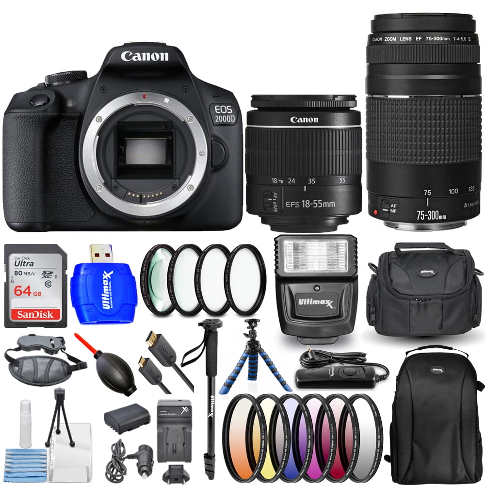 Canon EOS 2000D / Rebel T7 4 Lenses 1855mm + 75300mm + 64GB Top Value