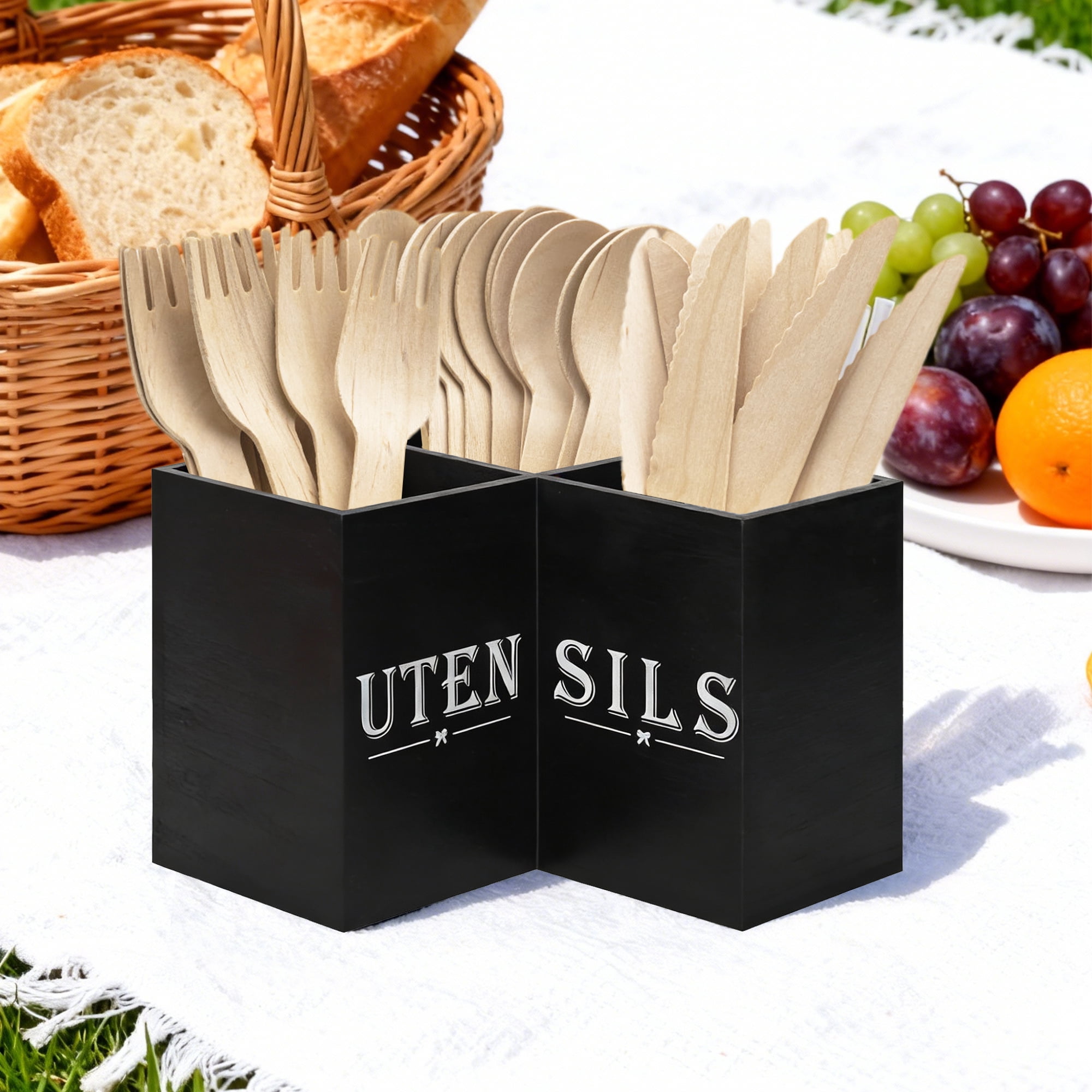 Kitchen Utensils Holder with 3 Compartments,Extra Large Corner Utensil Caddy for Countertop,Wooden Utensil Organizer for Kitchen Countertop, Black