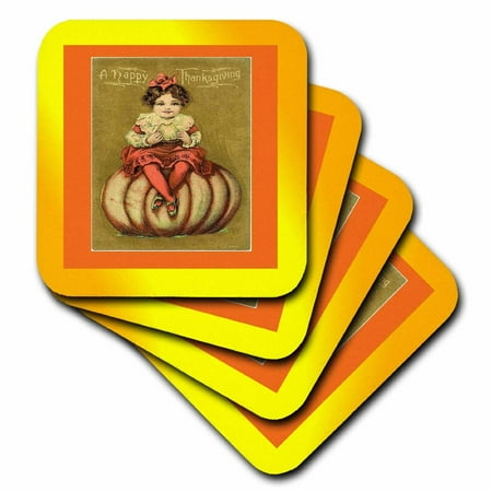 - 3dRose Print of Little Girl On Pumpkin With Happy Thanksgiving, Soft Coasters, set of 4