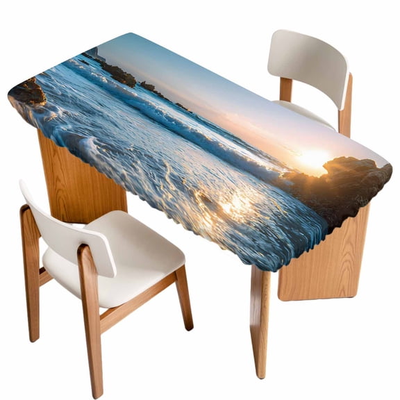 Beach Reef Table Cloths for 4 Foot Rectangle Tables, Shiny Sunset Ocean Waves Natural Seaside Patio Waterproof Elastic Fitted Tablecloths, Washable Rectangular Table Cover for Camping