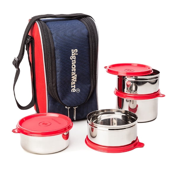 Midday Maxx Fresh Stainless Steel Lunch Box Set - Red | 3 Containers, 350ml Each+ 1 Container, 500ml - Spill Proof Containers | Airtight, Freezer Safe, Microwave Safe, Dishwasher Safe