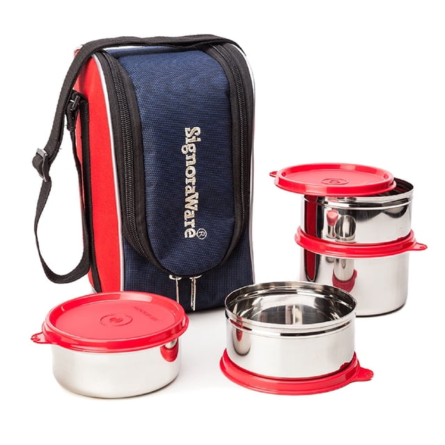Midday Maxx Fresh Stainless Steel Lunch Box Set - Red | 3 Containers, 350ml Each+ 1 Container, 500ml - Spill Proof Containers | Airtight, Freezer Safe, Microwave Safe, Dishwasher Safe