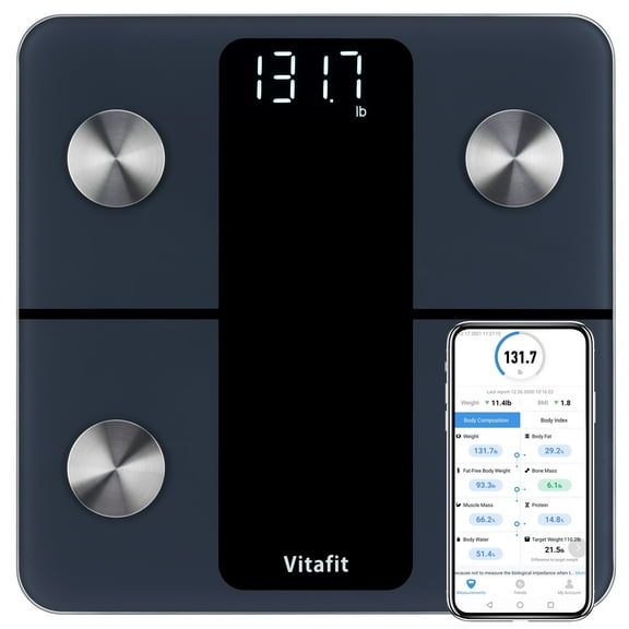Vitafit Smart Body Fat Weight Scale for Body Composition Monitors, Over 20Years Weighing and Body Analyzer Professional,Digital Wireless Bathroom Scale for BMI Fat Water Muscle Sync App, 400lb, Black