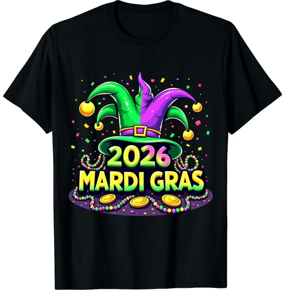 Mardi Gras 2026 Shirt Mardi Gras Funny Jester Hat Party Graphic Crew Neck Short Sleeve T-Shirts (Men's, Women's)