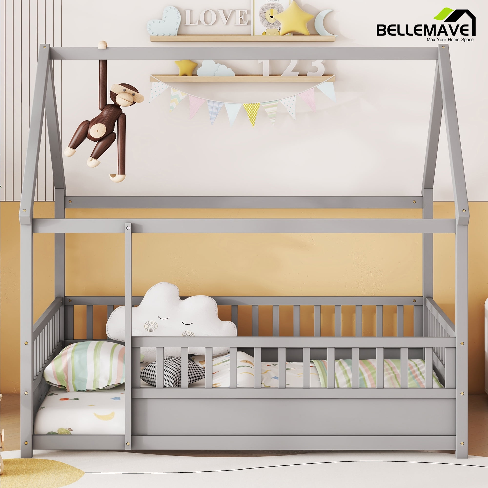 Bellemave Full Size House Floor Bed with High Fence Guardrails Wooden Playhouse Bed Frame  Floor Bed with Roof Montessori House Bed Frame, (Full, Gray)