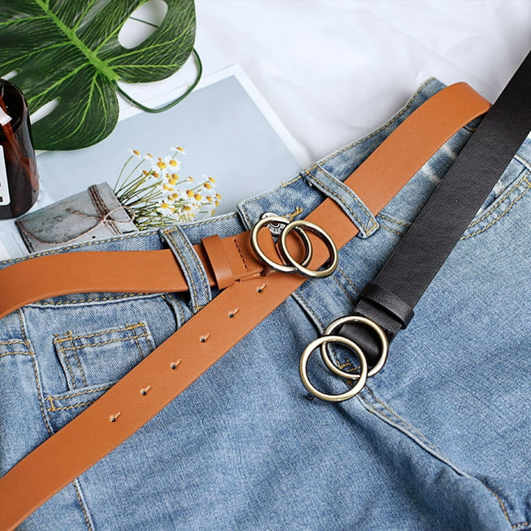 Women Belts for Jeans with Fashion Double O-Ring Buckle and Faux Leather