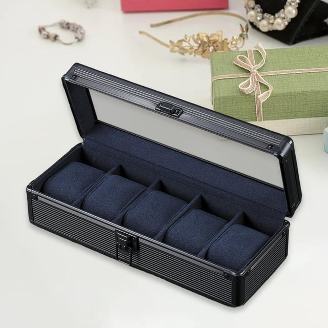 Caja de reloj de 5 ranuras para hombres y mujeres, caja de reloj con tapa, caja de almacenamiento de aleación de aluminio, caja de regalo multifunción