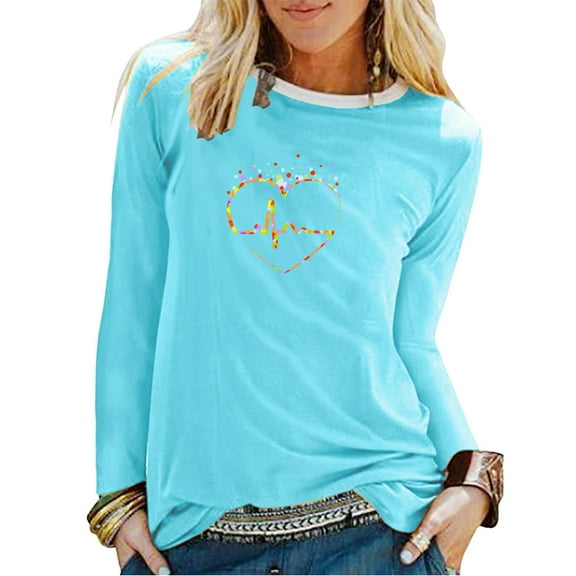 Baqcunre Valentine'S Day Shirts For Women Loose Large T Shirt Heart Pattern Solid Round Neck Top(Multi-color S-XXL),Long Sleeve Shirts For Women Graphic Tees Womens Fashion Womens Tops