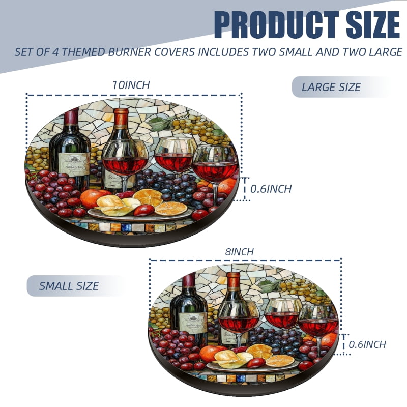 4 Pieces Wine Round Stove Burner Covers Set, Wine Glass and Grapes Fruit Gas Stove Burner Covers Expands Usable Space for kitchen, 2 Pieces 8 Inches and 2 Pieces 10 Inches