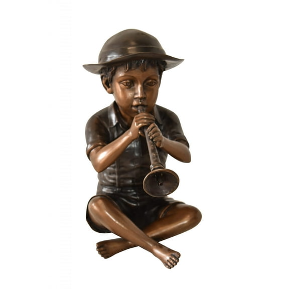 Nifao Little Boy Playing Flute 13" x 8" x 15"H – Outdoor Bronze Fountain, Garden Water Feature, 13"L x 8"W x 15"H