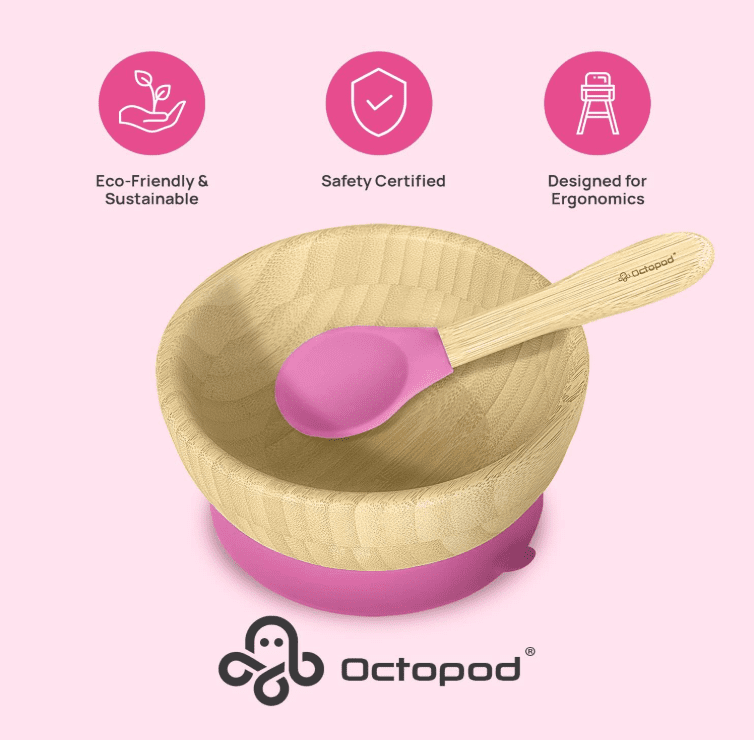 Abiie Octopod Bamboo Suction Bowl -  Baby Bowl with Suction for 4 months and up, High-Chair Bamboo Baby Plate, Mess-Free Toddler Suction Plates, Ergonomic Baby Feeding Supplies - (Pink)