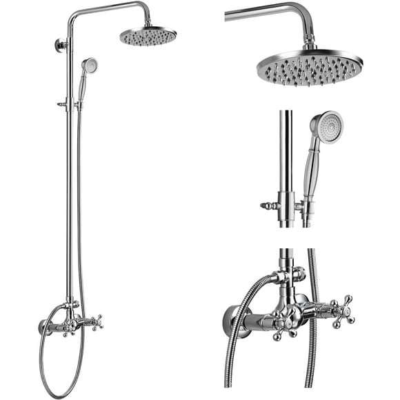 gotonovo Luminaire de Douche 8 Pouces Pommeau de Douche Pluie avec Pulvérisation à Main Chrome Double Boutons Mixeur Salle de Bain Argent Ensemble Combo Mural