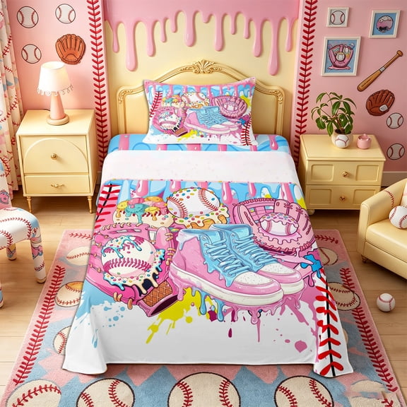 Castle Fairy Pink Baseball Glove Twin Sheets 3pcs, Sport Theme Ice Cream Bedding, Pink Blue White,1 Fitted Sheet, 1 Flat Sheet and 1 Pillowcase