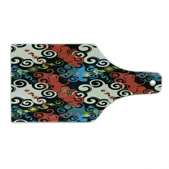 Psychedelic Cutting Board, Dark Spiral Puzzle Forms Graffiti Inspiration Grunge Style Street Art Culture, Tempered Glass Cutting and Serving Board, Wine Bottle Shape, Multicolor, by Ambesonne