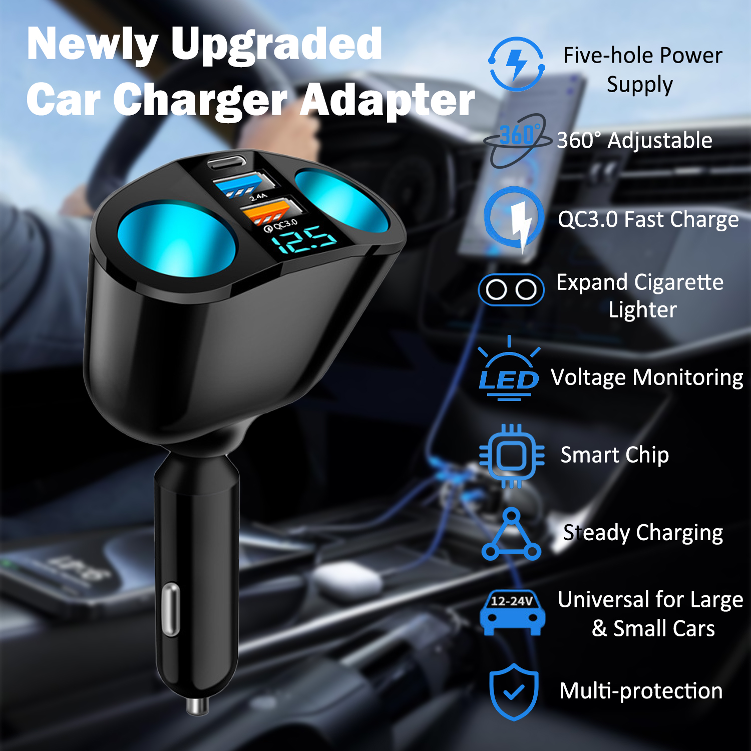 RONY 5-in-1 Car Charger, 90W Dual Lighter + USB photo 2