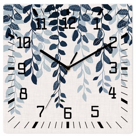 Navy Blue Ombre Botanical Wooden Wall Clock Silent Non Ticking, Watercolor Pastoral Leaf Rustic Square Wall Clocks Battery Operated, Decor Clock for Home Office, Living Room, Kitchen, 12 Inch