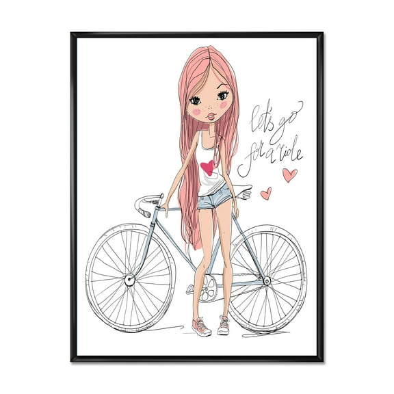 Designart 'Young Woman With Bicycle' Children's Art Framed Canvas Wall Art Print