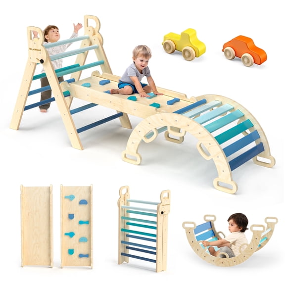 BlueWood Foldable Pikler Triangle Set with Arch, Ramp, Ladder, and Cart Indoor Climbing, Blue Wood, 3-Piece
