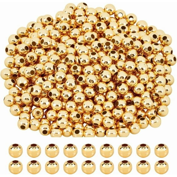 400Pcs Round Beads 18K Gold Plated Brass Smooth Seamless Ball Beads Bulk 4mm Spacer Beads Large Hole for Necklace Bracelet Earring Jewelry Making Accessory Supplies DIY Craft Gold