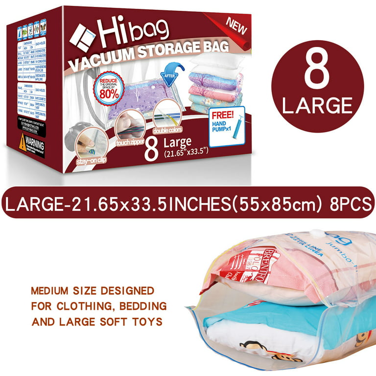 Hibag 8 Small Vacuum Storage Bags for Clothes, Travel Space Saver Bags, Hand-Pump Included, Clear (8-Small)
